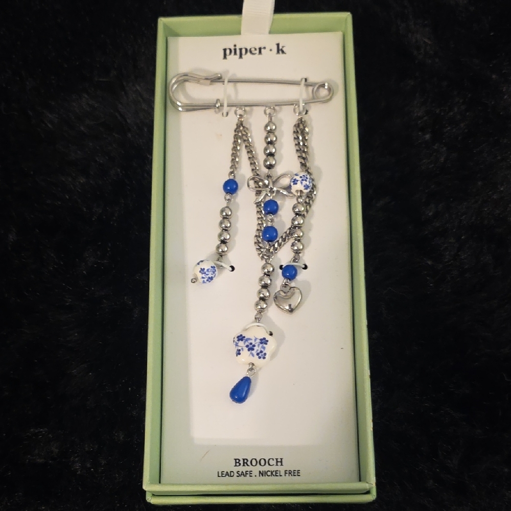 Piper Silver and Blue Beaded Charm Pin